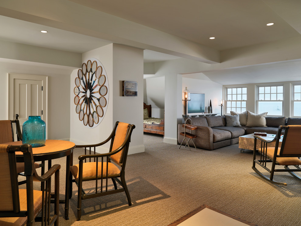 Inspiration for a contemporary family room remodel in Boston with white walls