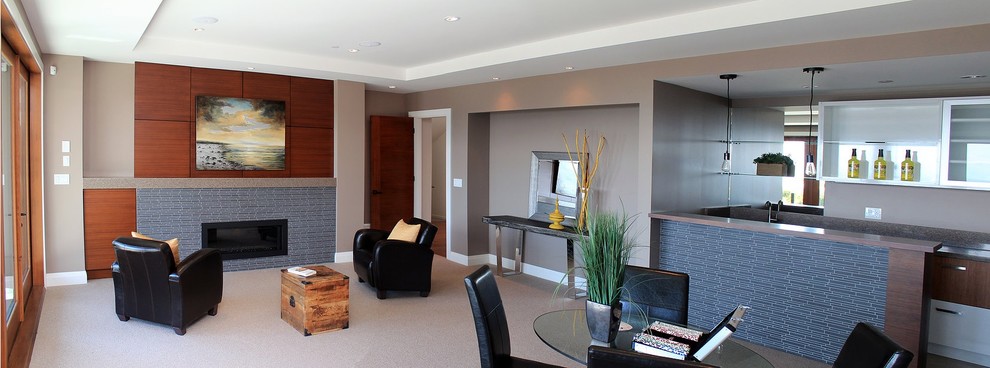 Inspiration for a medium sized modern open plan games room in Vancouver with a home bar, beige walls, carpet, a ribbon fireplace, a tiled fireplace surround and no tv.