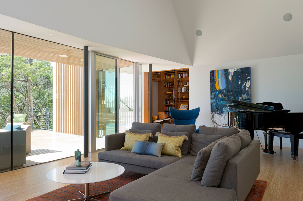 Modelo de sala de estar con biblioteca moderna con alfombra