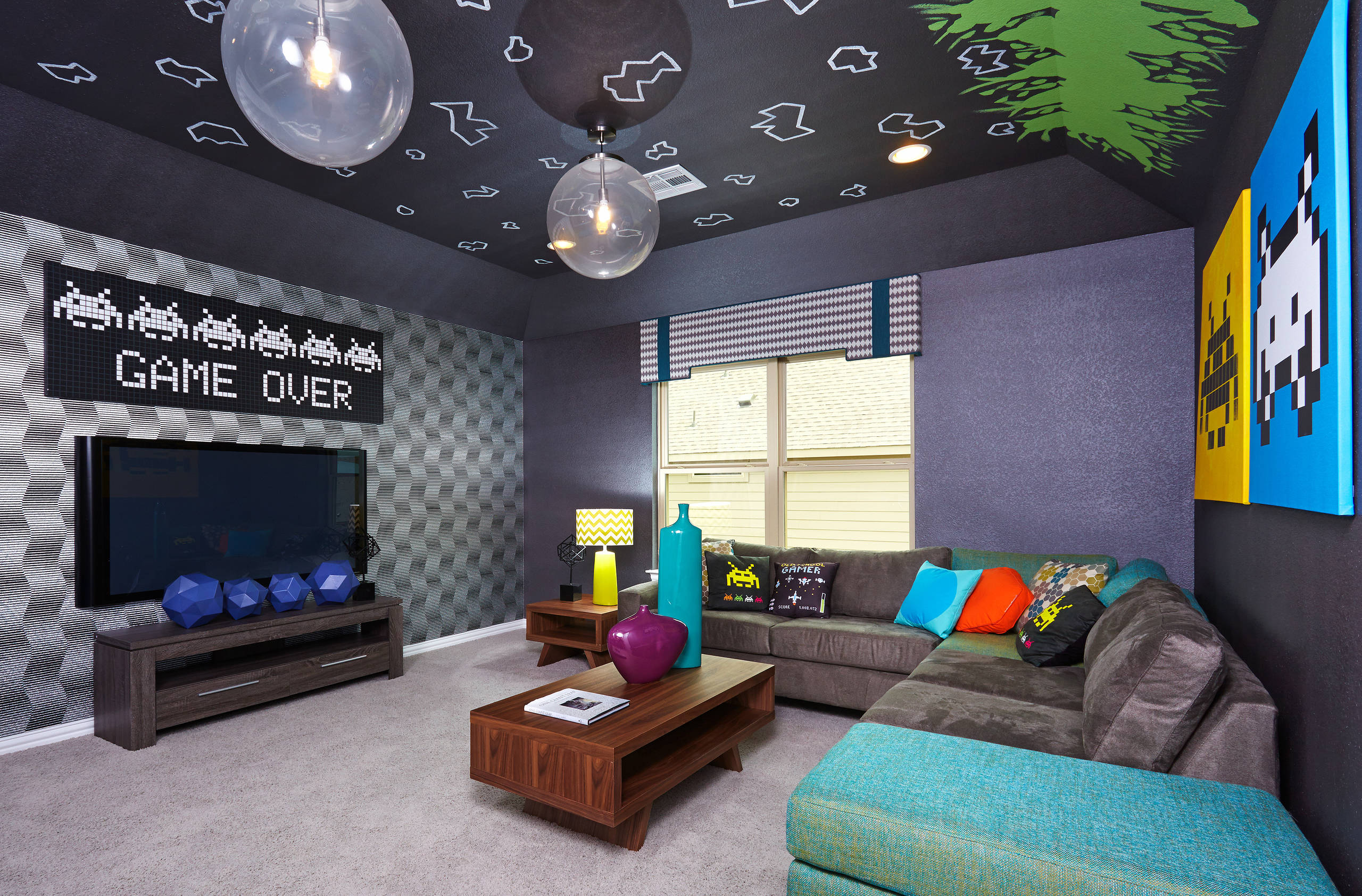 Modern gaming room with a comfortable sofa on Craiyon