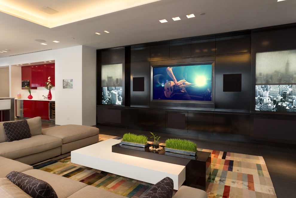 Esempio di un grande soggiorno minimalista aperto con pareti nere, pavimento con piastrelle in ceramica e parete attrezzata