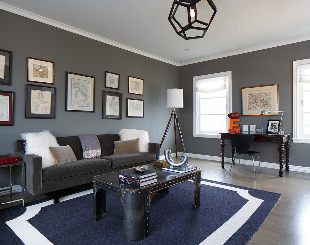 Ejemplo de sala de estar contemporánea con paredes grises