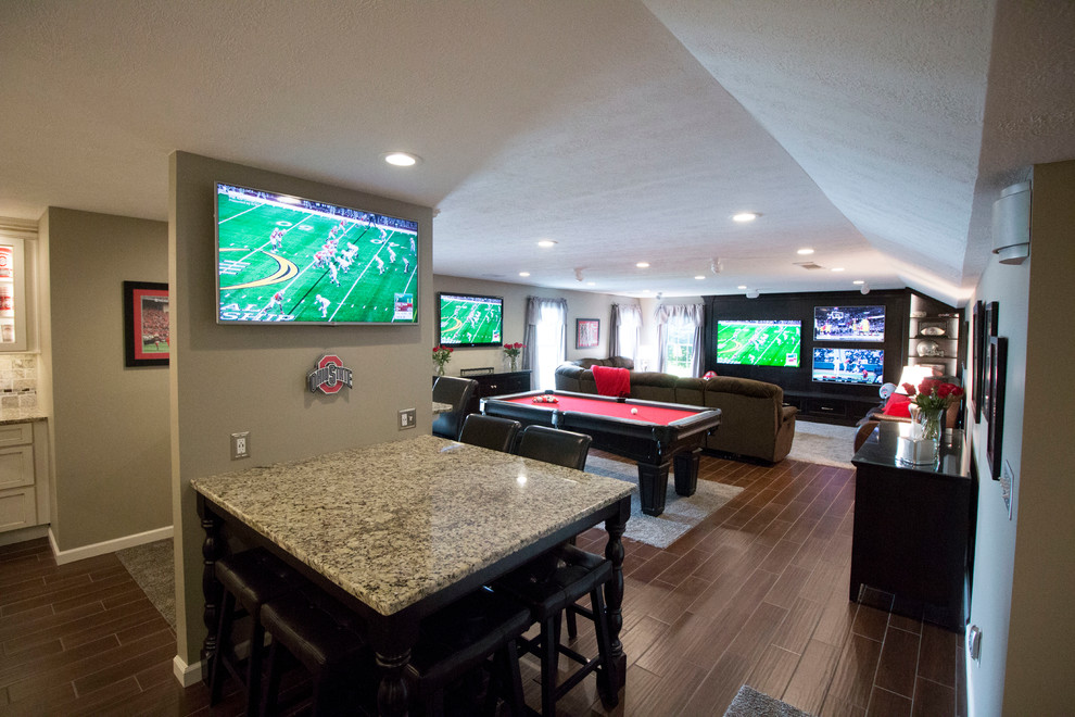 Design ideas for an expansive classic enclosed games room in Other with a home bar, grey walls, ceramic flooring, no fireplace and a built-in media unit.