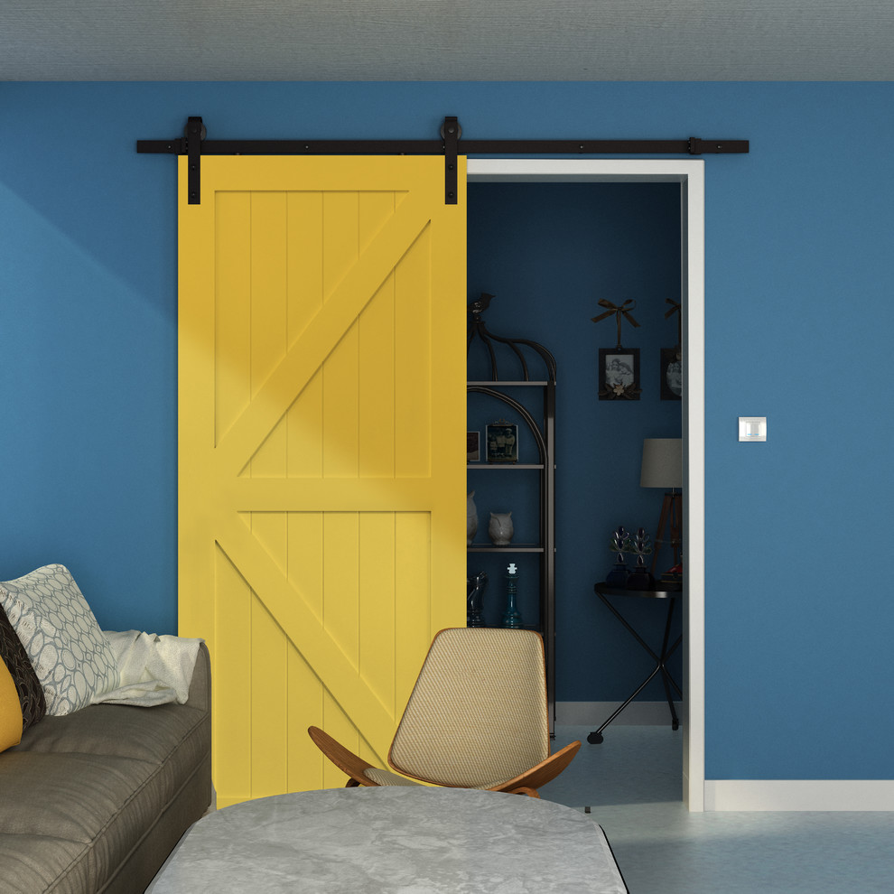 Modelo de sala de estar minimalista de tamaño medio con paredes azules
