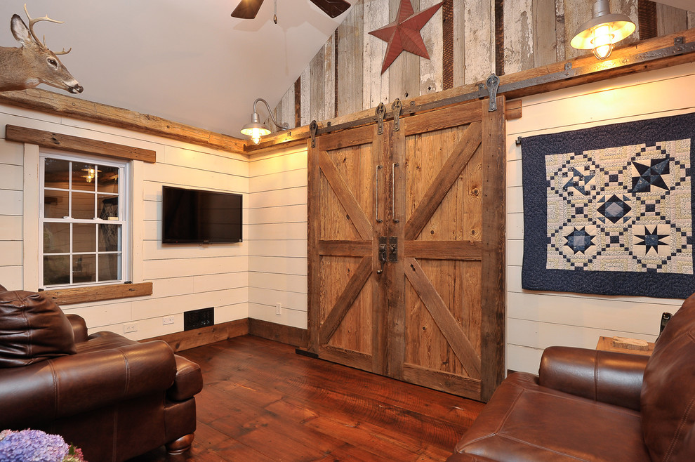 Mid-sized mountain style enclosed dark wood floor family room photo in New York with beige walls and a wall-mounted tv