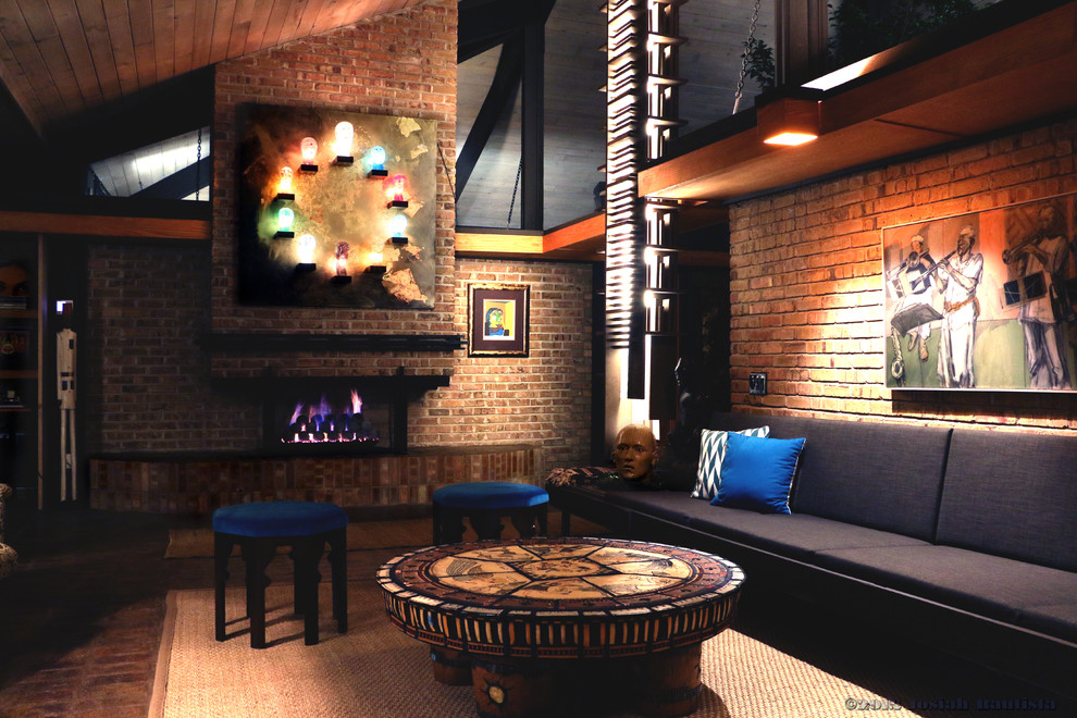 Источник вдохновения для домашнего уюта: огромная открытая гостиная комната в стиле ретро с разноцветными стенами, стандартным камином и фасадом камина из кирпича без телевизора