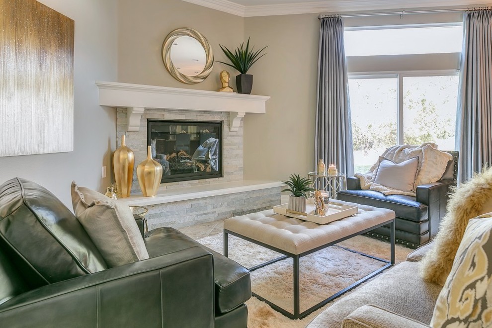 Mid-sized trendy enclosed ceramic tile and gray floor family room photo in Los Angeles with beige walls, a corner fireplace and a tile fireplace