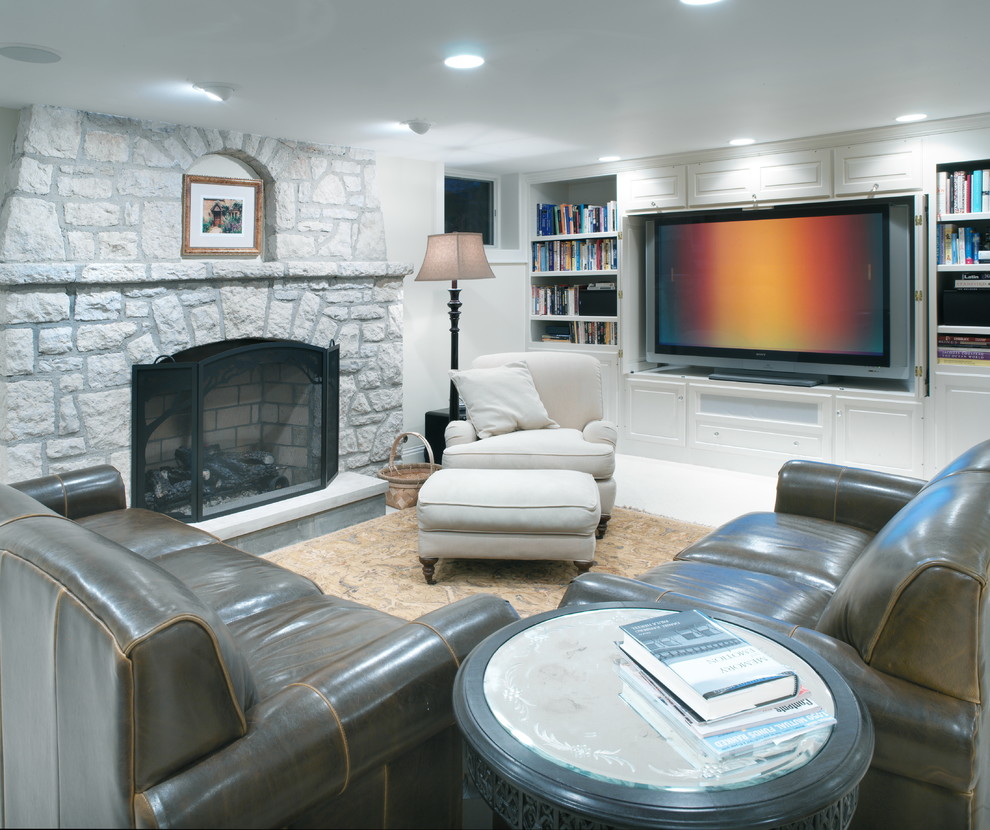 Family room - carpeted family room idea in Columbus with white walls, a standard fireplace, a stone fireplace and a media wall