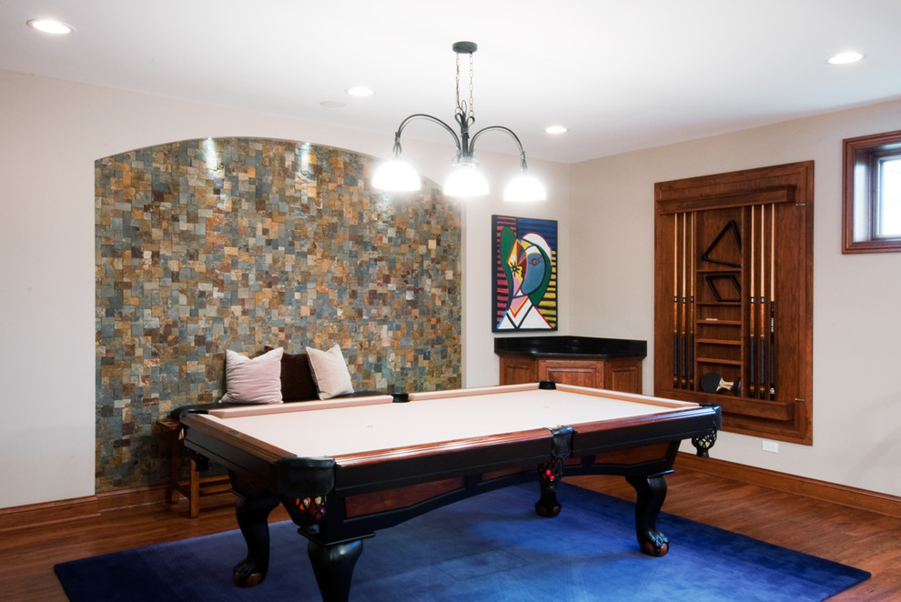 Mid-sized elegant open concept medium tone wood floor and brown floor game room photo in Chicago with white walls