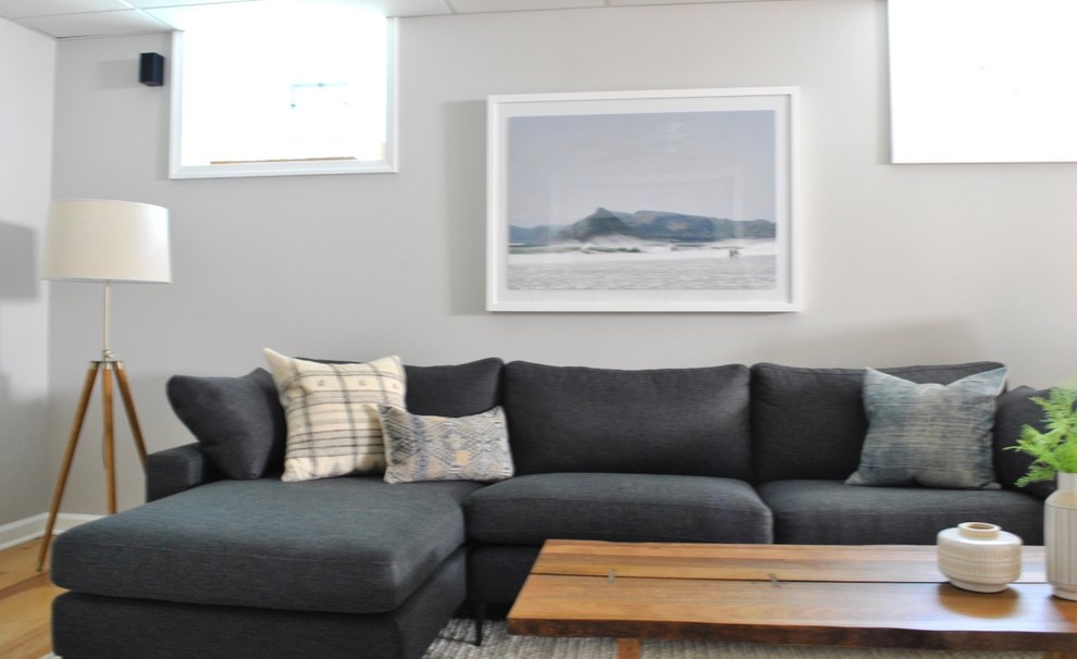 Idee per un soggiorno scandinavo di medie dimensioni e chiuso con pareti grigie, parquet chiaro e parete attrezzata