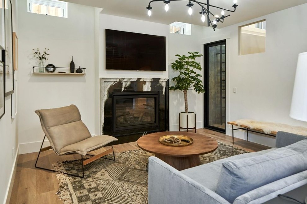 Transitional enclosed medium tone wood floor and brown floor game room photo in San Francisco with white walls, a standard fireplace, a stone fireplace and a wall-mounted tv