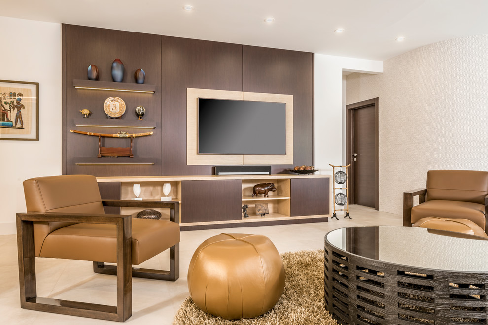 Inspiration for a large contemporary open plan games room in Miami with a home bar, white walls, porcelain flooring, no fireplace, a wall mounted tv and beige floors.