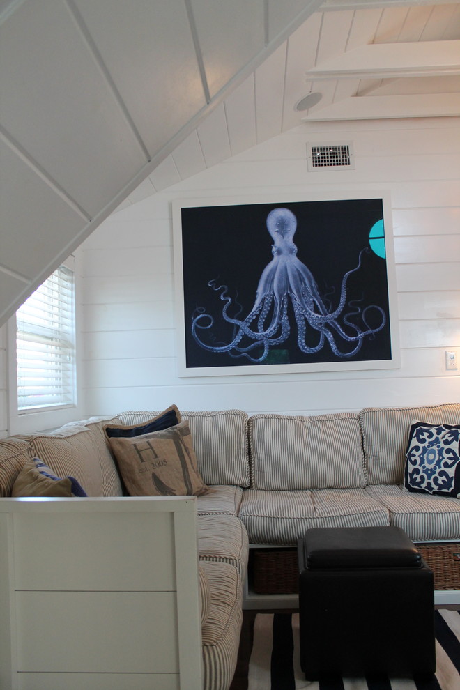 Immagine di un piccolo soggiorno costiero stile loft con pareti bianche, parquet scuro e TV a parete