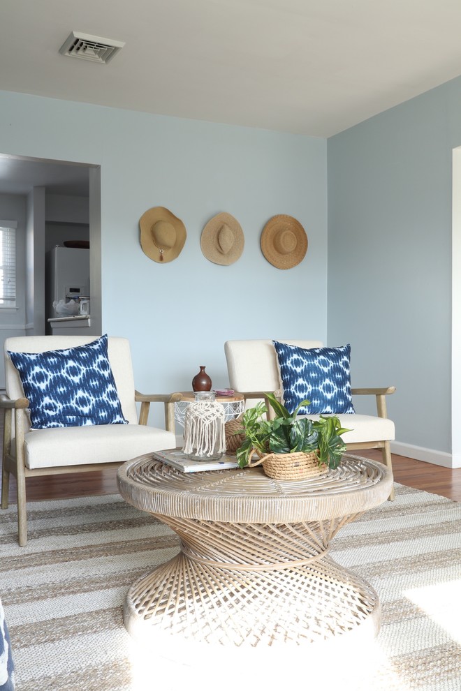 Example of a beach style family room design in Philadelphia