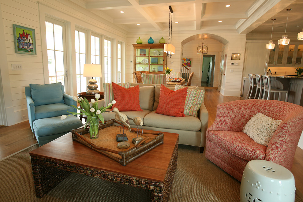 Example of a mid-sized island style open concept family room design in Atlanta with beige walls and no fireplace