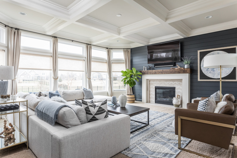 Nautical games room in Indianapolis with blue walls, carpet, a standard fireplace, a wall mounted tv, brown floors and feature lighting.