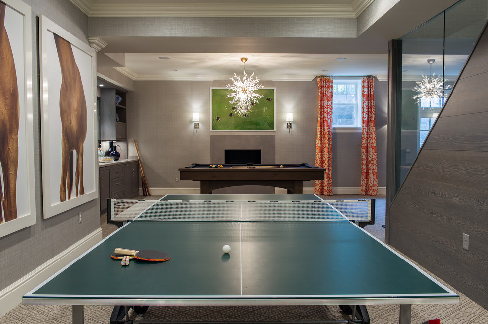 Design ideas for a classic games room in New York with grey walls and carpet.