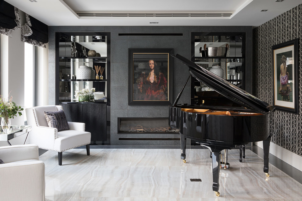 Cette image montre une salle de séjour design de taille moyenne et ouverte avec une salle de musique, un mur noir, un sol en carrelage de porcelaine, une cheminée ribbon, un manteau de cheminée en métal, aucun téléviseur et un sol gris.