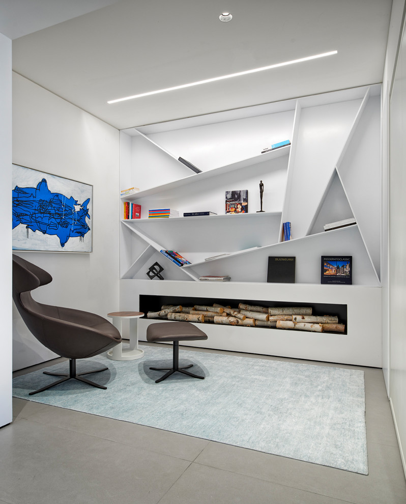 Foto de sala de estar abierta contemporánea pequeña sin televisor con paredes blancas y suelo gris