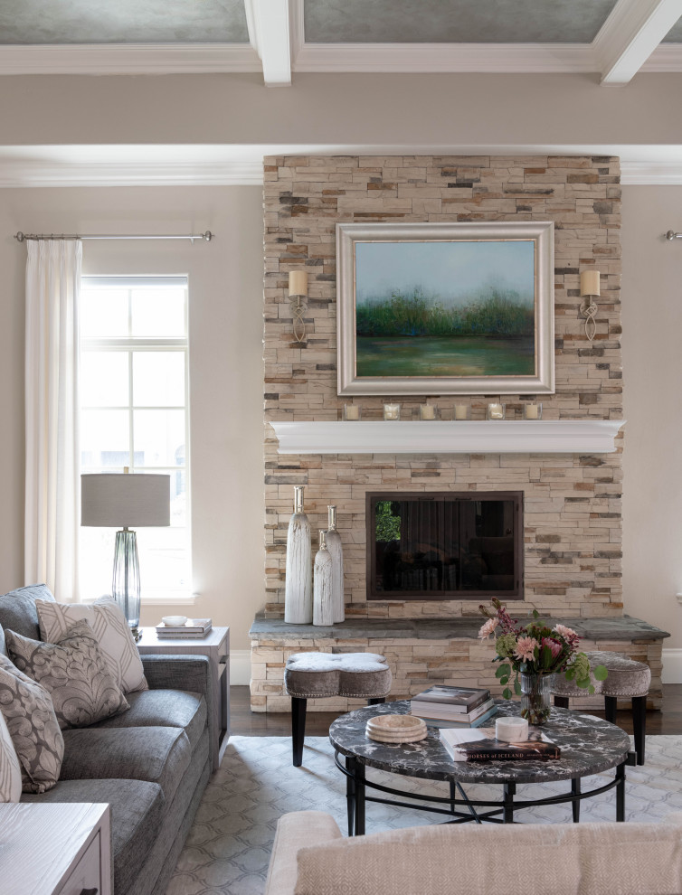 Example of a large transitional open concept dark wood floor and brown floor living room design in Dallas with white walls, a standard fireplace, a stone fireplace and a wall-mounted tv