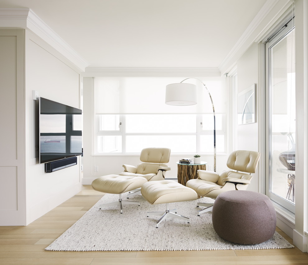 Modelo de sala de estar abierta clásica renovada pequeña sin chimenea con suelo de madera clara, paredes blancas, televisor colgado en la pared y alfombra