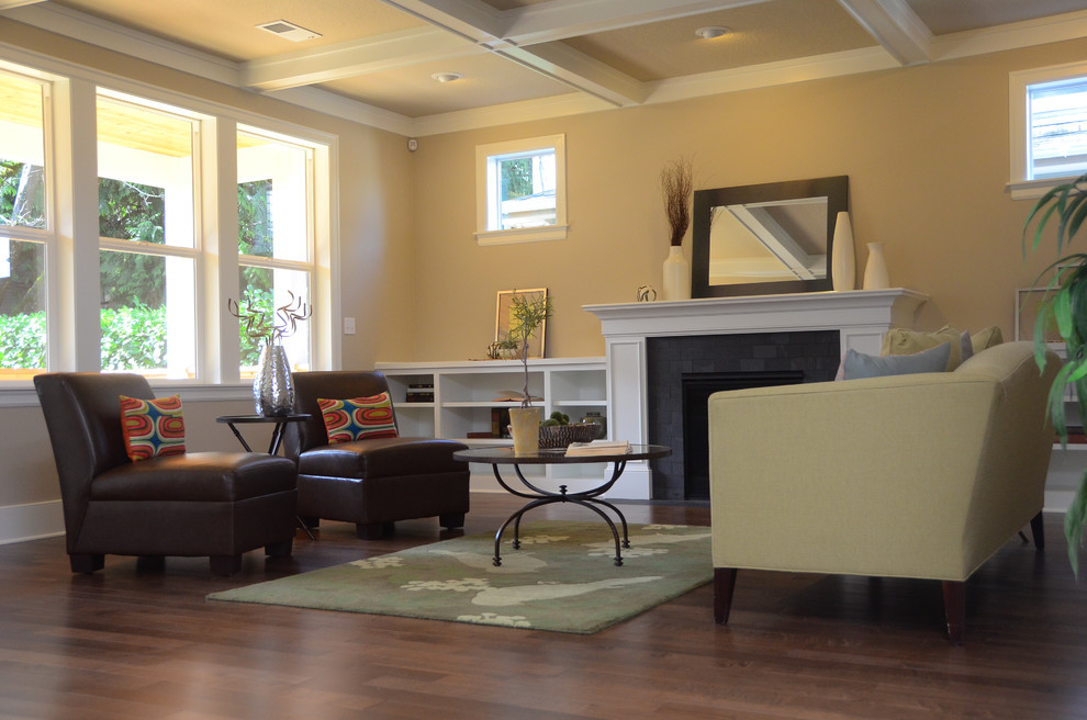Design ideas for a medium sized traditional games room in Portland with beige walls and medium hardwood flooring.