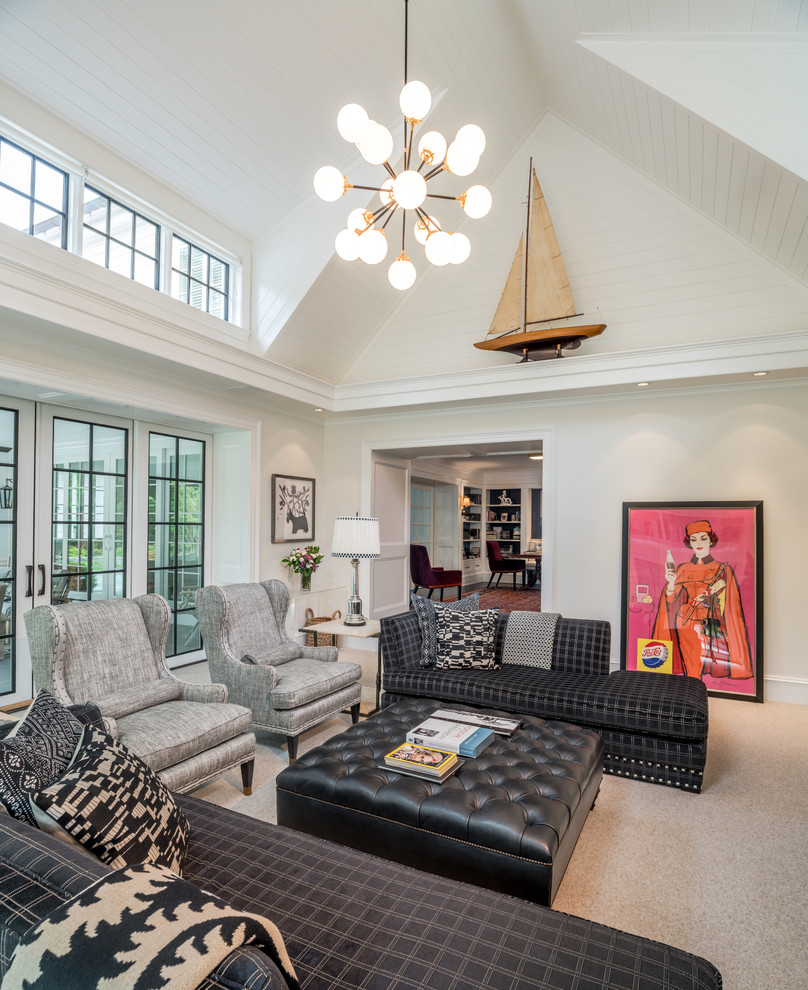 Example of a large classic open concept carpeted and gray floor family room design in Wilmington with a music area, white walls and a tv stand