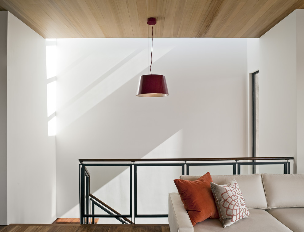 Источник вдохновения для домашнего уюта: двухуровневая гостиная комната в современном стиле с белыми стенами