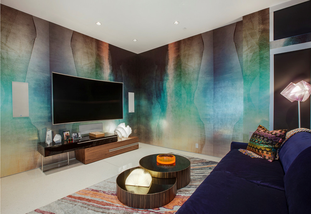 Design ideas for a large contemporary enclosed games room in Los Angeles with multi-coloured walls, a wall mounted tv, marble flooring and no fireplace.