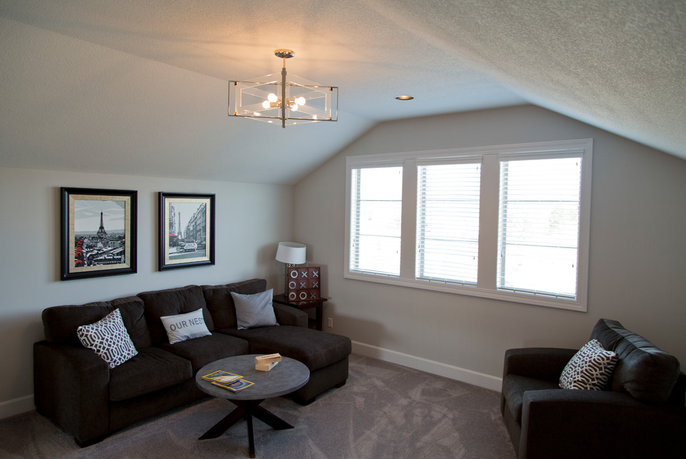 Esempio di un soggiorno minimalista di medie dimensioni e chiuso con angolo bar, pareti grigie, moquette e pavimento grigio