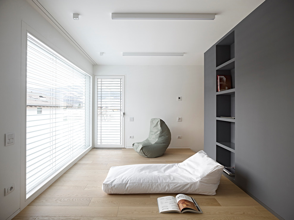 Inspiration pour une salle de séjour design avec parquet clair.