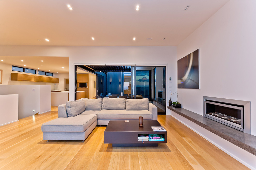 Großes, Fernseherloses, Abgetrenntes Modernes Wohnzimmer mit weißer Wandfarbe, hellem Holzboden, Gaskamin und Kaminumrandung aus Metall in Auckland