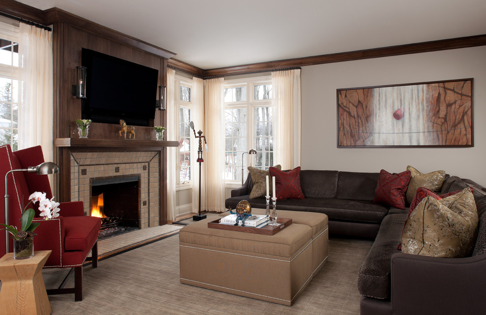 Example of a transitional family room design in Detroit