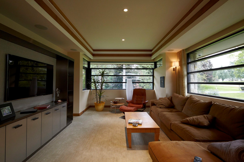 Пример оригинального дизайна: открытая гостиная комната в современном стиле