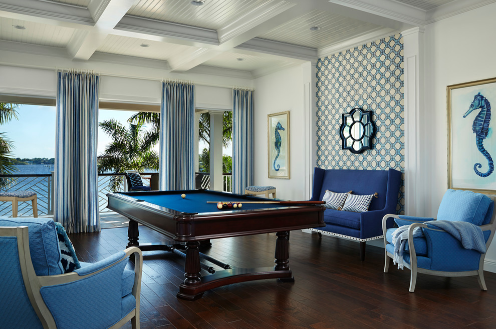 Example of a large beach style open concept brown floor and dark wood floor family room design in Miami with white walls, no fireplace and no tv