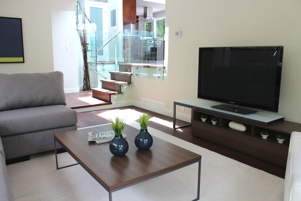 Modelo de sala de estar abierta moderna de tamaño medio con paredes grises