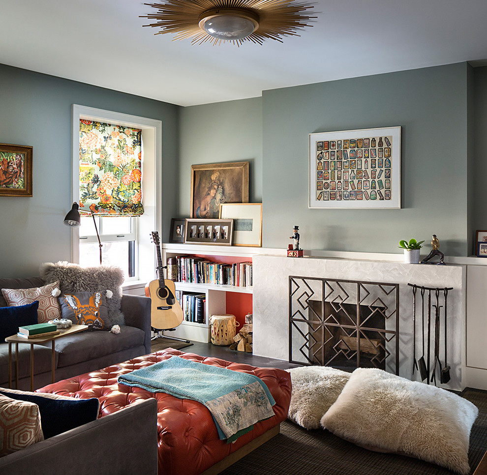 Inspiration for an eclectic family room remodel in New York with a standard fireplace
