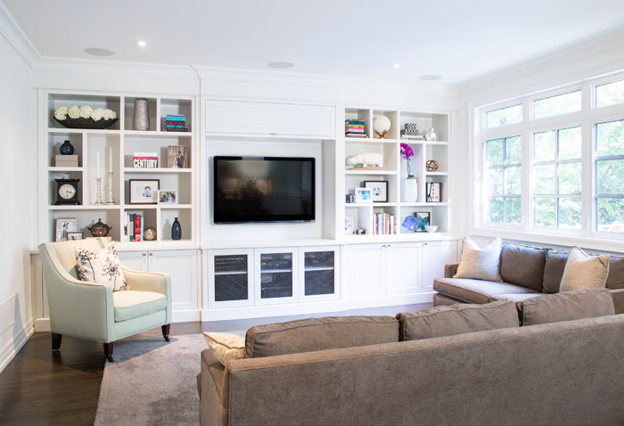 Inspiration for a mid-sized transitional enclosed laminate floor family room remodel in Toronto with white walls, no fireplace and a wall-mounted tv