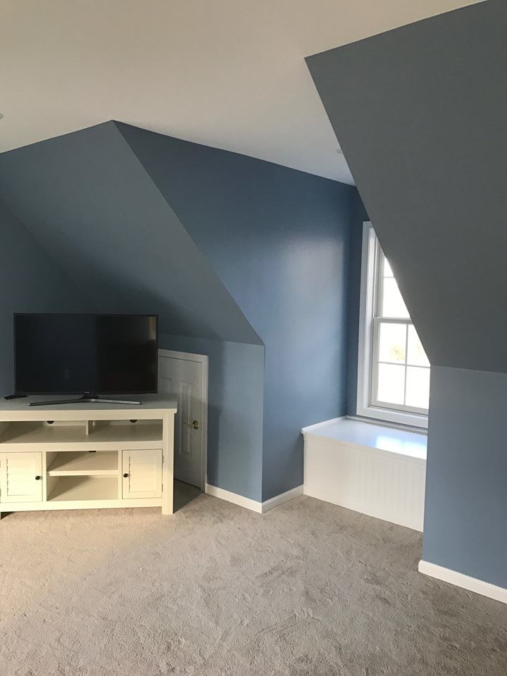 フィラデルフィアにある中くらいなトラディショナルスタイルのおしゃれなオープンリビング (青い壁、カーペット敷き、暖炉なし、据え置き型テレビ、ベージュの床) の写真