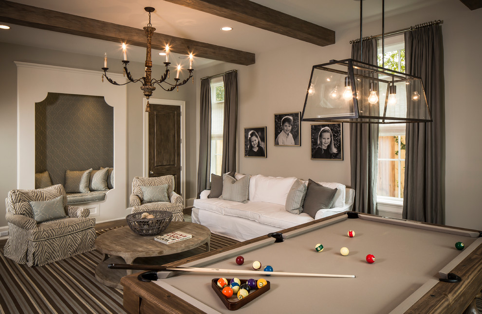 Mid-sized elegant enclosed carpeted and multicolored floor family room photo in Houston with beige walls, no fireplace and no tv