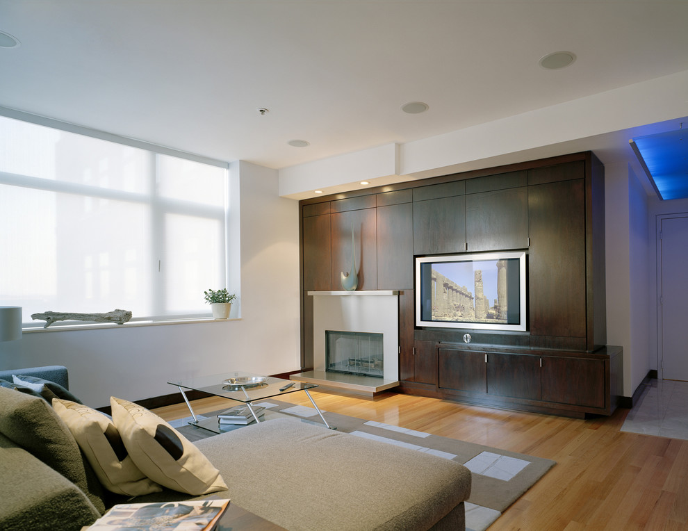 Trendy medium tone wood floor family room photo in Boston with white walls, a standard fireplace and a media wall