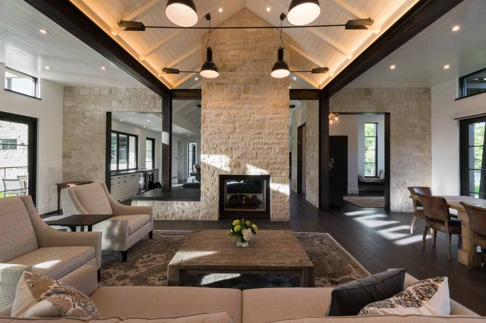 Inspiration for a mid-sized modern open concept dark wood floor living room remodel in Denver with white walls, a standard fireplace and a stone fireplace