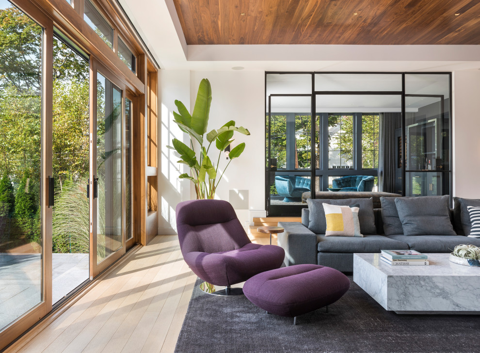 Ejemplo de sala de estar cerrada contemporánea con suelo de madera clara, chimenea lineal, marco de chimenea de metal, pared multimedia, madera y bandeja