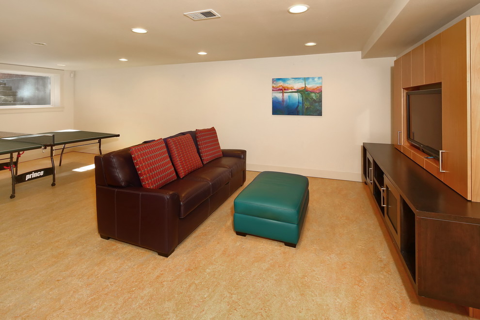 Nautical games room in Seattle with a game room, white walls, lino flooring, a standard fireplace, a built-in media unit, orange floors and a stone fireplace surround.