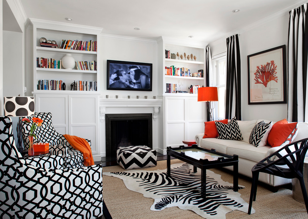 Family room library - mid-sized contemporary open concept dark wood floor and brown floor family room library idea in San Francisco with white walls, a standard fireplace, a wall-mounted tv and a wood fireplace surround