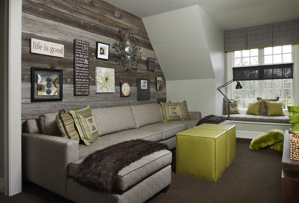 Example of a mid-sized mountain style enclosed carpeted and brown floor family room design in Detroit with white walls, no fireplace and no tv