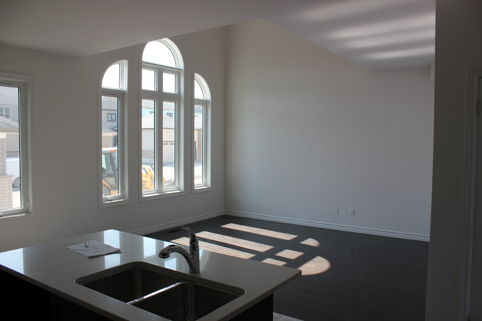 Offenes Modernes Wohnzimmer mit weißer Wandfarbe und dunklem Holzboden in Toronto