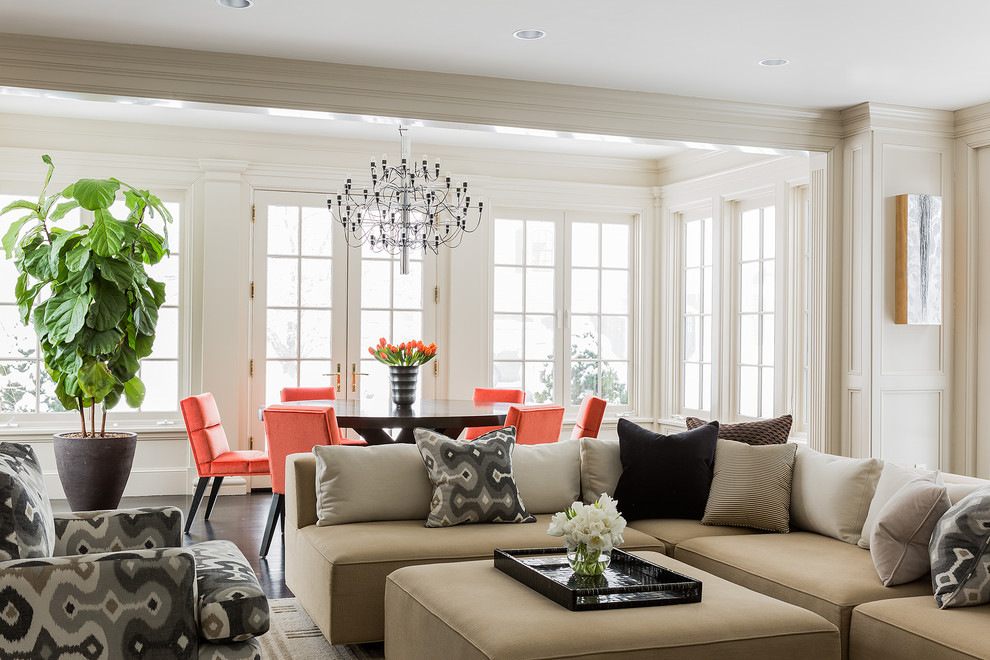 Family room - large transitional open concept dark wood floor family room idea in Boston with white walls