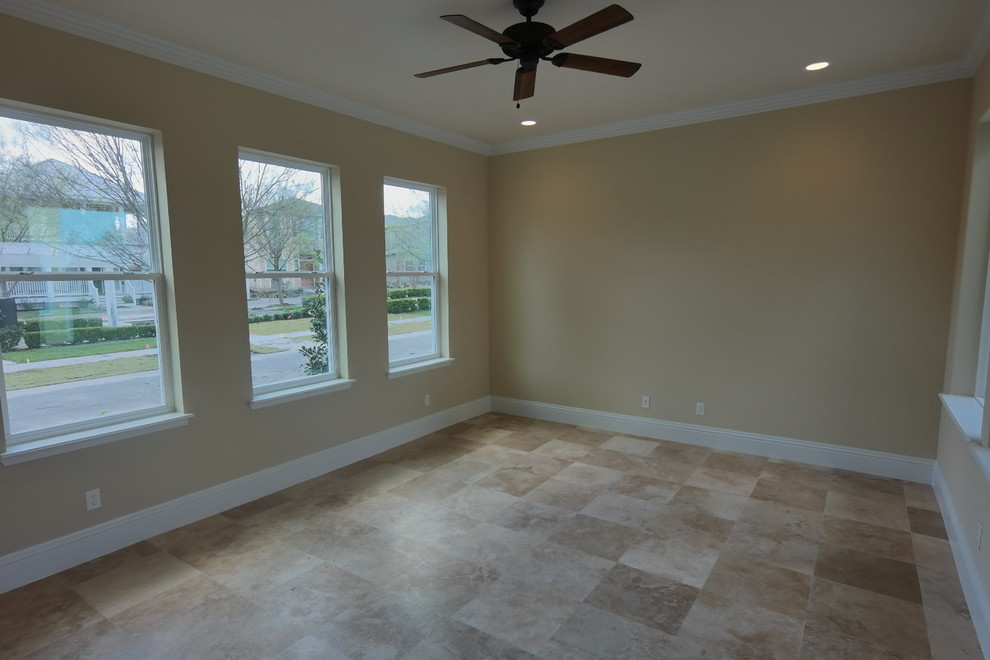 Inspiration for a huge craftsman enclosed travertine floor game room remodel in Miami with beige walls