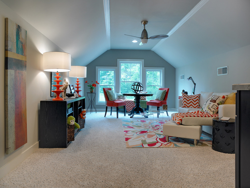Mid-sized transitional enclosed carpeted family room photo in Other with gray walls